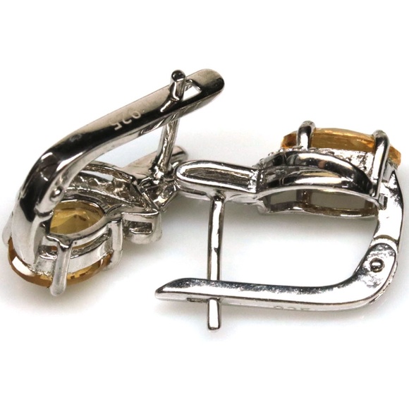 925 Sterling Silver 6 x 8 mm. Yellow Citrine & Zircon Earrings White Gold Plated - Picture 3 of 3